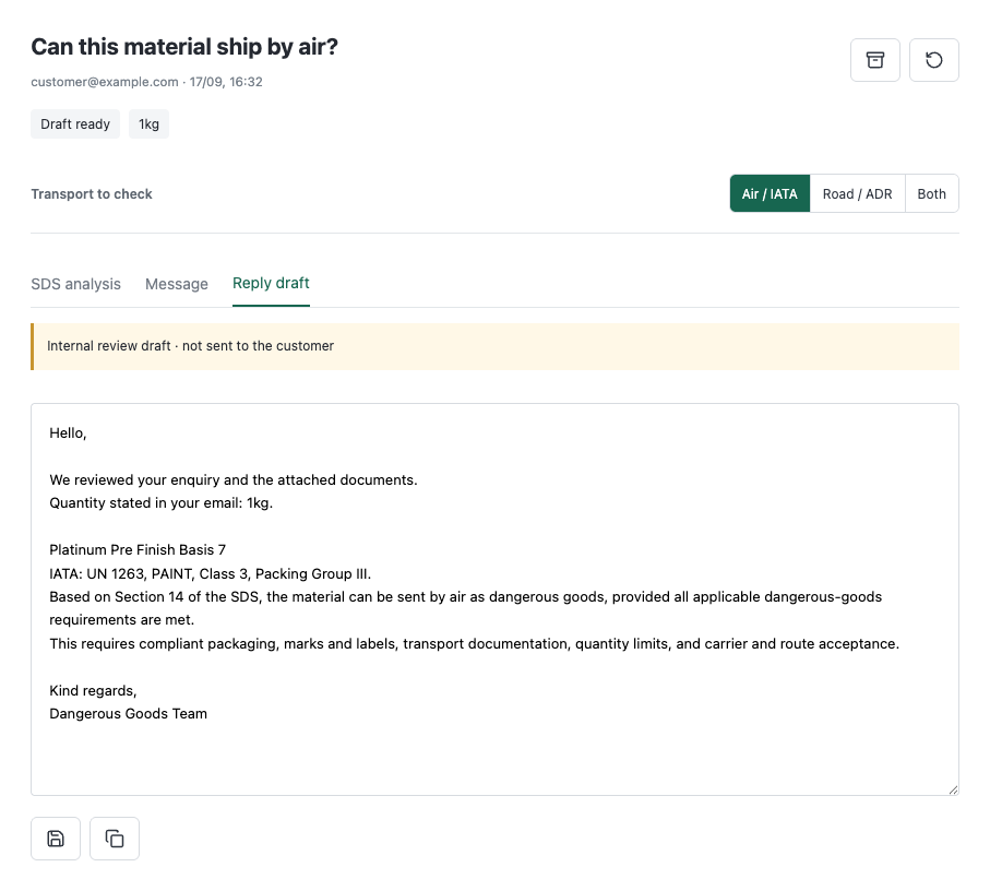 Current LogiSight MVP showing the generated customer reply draft
