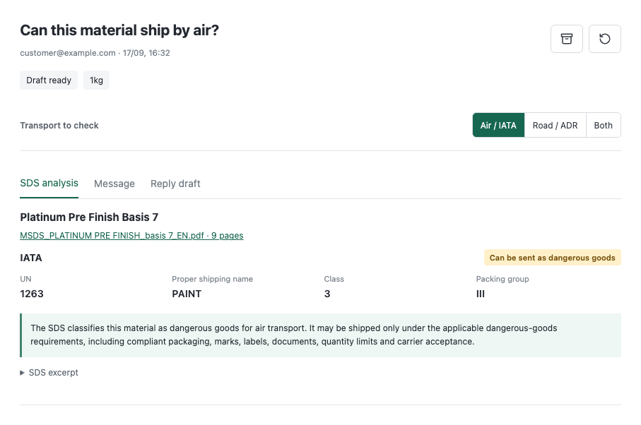 Current LogiSight MVP showing the IATA transport analysis for a processed SDS enquiry